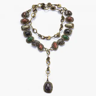 Boho Vintage Multi-Gemstone Necklace, Antique Gold Alloy Lariat Pendant Chain with Natural Stones, Adjustable 45+5cm Women's Statement Jewelry