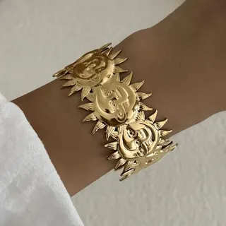 Boho Sun Moon Cuff Bracelet, Stainless Steel 18K Gold Plated Wide Bangle, Radiant Spike Relief Design, Hypoallergenic Tarnish-Free Jewelry for Women
