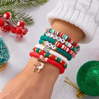 Christmas Reindeer Clay Bracelet Set of 7 - MERRY JOY Letter Beads, Red Green White Woven Rope, Cute Reindeer Charm, Holiday Gift Jewelry 18cm