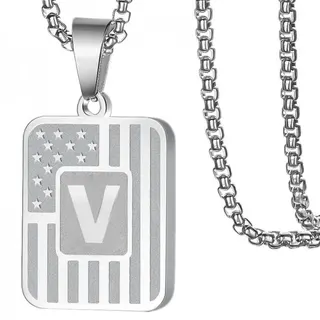 American Flag Dog Tag Necklace Letter B Stainless Steel Pendant with Iron Chain, Matte & Mirror Polish, Silver Steel Color, Unisex Streetwear Jewelry 60cm
