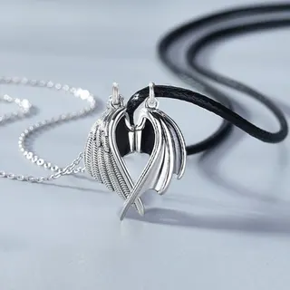 Angel & Devil Magnetic Attraction Couple Necklace Set, Antique Silver Alloy Wing Pendant, Chain + Leather Cord, 2-Piece Gift for Him & Her