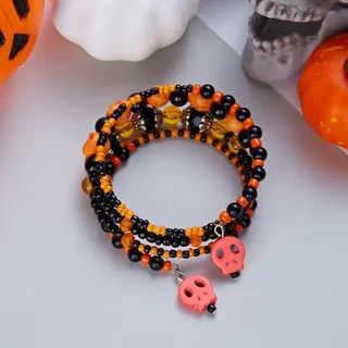 Halloween Skull Beaded Bracelet 4-Layer Black Orange Turquoise Crystal Multi-Strand Charm Bracelet with Skull Pendant Party Accessory