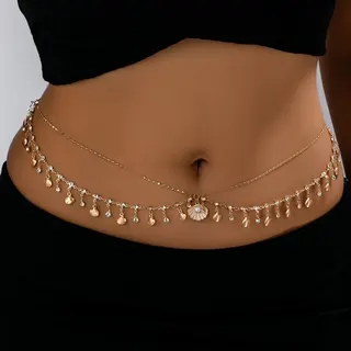 Boho Shell Crystal Body Chain - Gold Alloy 18K Plated Double Layer Waist Chain with Shell & Heart Charms, Adjustable 60+30cm, Summer Beach Party Accessory