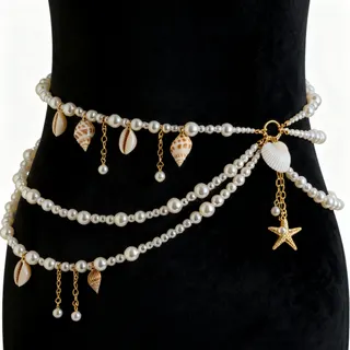 Boho Beach Shell Pearl Body Chain - 18K Gold Plated Conch & Starfish Dangle Waist Belt, Multi-Layer Pearl Hip Chain for Women, Summer Vacation Bridesmaid Accessory