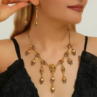 Halloween Gothic Skull Tassel Necklace & Earring Set, Vintage Alloy Hollow-Carved Punk Jewelry for Party & Cosplay