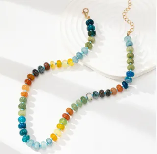 Multicolor Natural Stone Beaded Necklace - Rainbow Gradient Round Beads Choker Chain with Gold Clasp & Extender, Boho Minimalist Layering Necklace for Women (43cm)