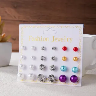 12 Pairs Fashion Jewelry Earrings Set - White Pearl, Rhinestone & Colorful Metal Ball Studs, White Gold Plated Alloy, Hypoallergenic, Card Pack