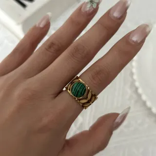 Vintage Malachite Openwork Ring, 18K Gold Plated Stainless Steel Wide Band, Bohemian Statement Finger Ring for Women, Tarnish Free Hypoallergenic
