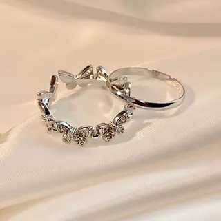 Butterfly Ring Set of 2, Silver Alloy Rhinestone Open Band, French Vintage Stacking Rings for Women, Adjustable Finger Jewelry Gift