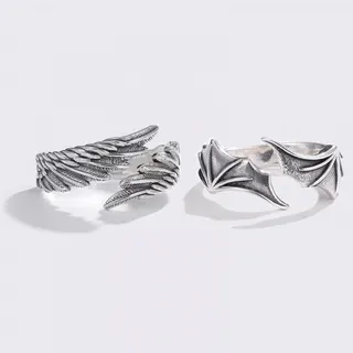 Angel & Devil Wings Couple Rings, Adjustable Open Band, Vintage Silver Plated Copper, Gothic Punk Statement Ring Set of 2