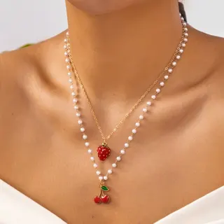 Strawberry Cherry Double Layer Necklace, Pearl Bead + Alloy Fruit Pendant Choker, Sweet French Vintage Adjustable 40+5/47+5cm, Gift for Her