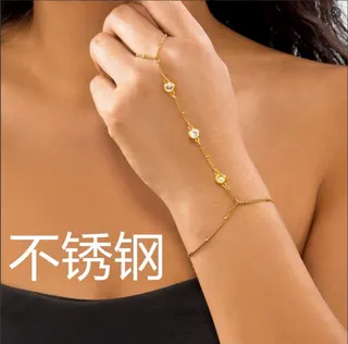 Stainless Steel Finger Chain Bracelet for Women, Gold Plated Zirconia Finger Ring Bracelet, Hypoallergenic Fashion Hand Jewelry, 17+5cm