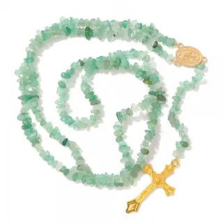 Green Aventurine Crushed Stone Cross Necklace, Gold-Plated Alloy Rosary with Engraved Medallion, 72+14cm Long Beaded Faith Jewelry