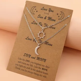 Sun & Moon Cutout Pendant Necklace Set (2pcs) - Stainless Steel Tarnish-Free, Love You To The Sun And Moon Gift Card, Adjustable 45+5cm Chain for Couples & Best Friends