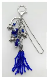 Bohemian Blue Tassel Keychain, Alloy Beaded Bag Charm, Vintage Ethnic Key Ring, Lightweight Gift Accessory