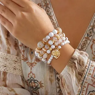 Bohemian Beaded Bracelet Set for Women - 4pcs Crystal Heart Charm Multi-Strand Stackable Bracelets, Alloy + Crystal + CCB, Multicolor, 18cm, Vacation & Gift Ready