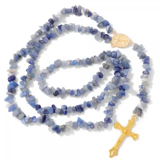 Blue Apatite Tumbled Stone Cross Necklace, 18K Gold Plated Alloy Irregular Beaded Long Pendant, Vintage Religious Boho Jewelry for Women 72+14cm