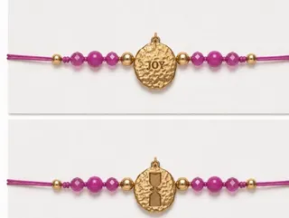 JOY Letter Bead Bracelet, Peach Pink & 18K Gold Plated Alloy, Hammered Hourglass Charm, Elastic String Bracelet for Women