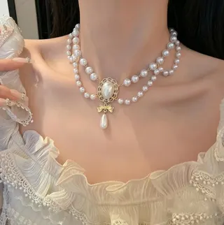 Baroque Pearl Layered Necklace Women, Double Strand Clavicle Chain with Butterfly Knot Teardrop Dangle, Gold Filigree Setting, Imitation Pearl, 44+5cm
