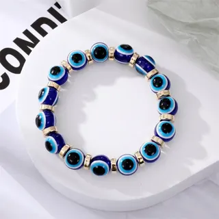 Evil Eye Bracelet for Women, Resin Blue Eye Beads with 18K Gold Plated Spacers, Elastic Stretch Boho Charm Bangle, Protective Talisman Jewelry Gift