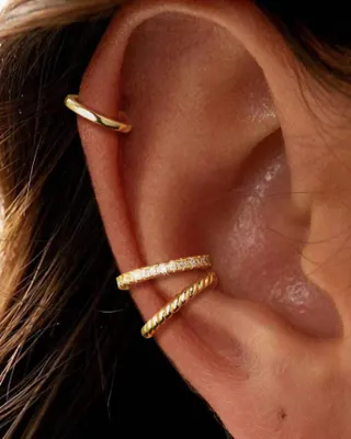 Gold Ear Cuff Set for Women - No Piercing Needed, 3-Piece Stackable Ear Cuffs with Cubic Zirconia, Twisted & Polished Design, Hypoallergenic 18K Gold Plated