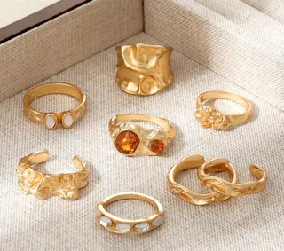 Irregular Geometric Ring Set - 18K Gold Plated Alloy, Vintage Wide Wave & Openwork Rings with Gemstone & Mother-of-Pearl Inlay, Stackable Fashion Rings for Women (Set of Multiple)