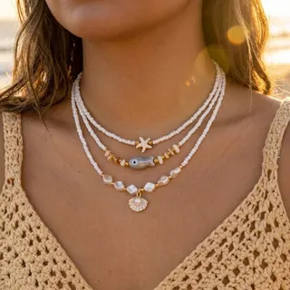 Boho Ocean Necklace Set of 3 - White Beaded Strand with Gold Starfish, Fish & Shell Charms, Layered Beach Jewelry for Summer Vacation