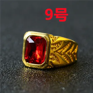 15.5MM Red Rhinestone Ring Gold Men's Band Vintage Wide Openwork Copper 18K Gold Plated Hip Hop Statement Ring Size 9