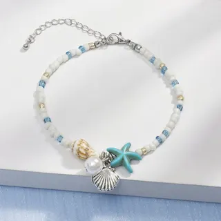 Ocean Shell Beaded Anklet with Pearl & Pink Bow Charm, Adjustable Silver Clasp, Sweet Summer Beach Foot Jewelry for Women Girls