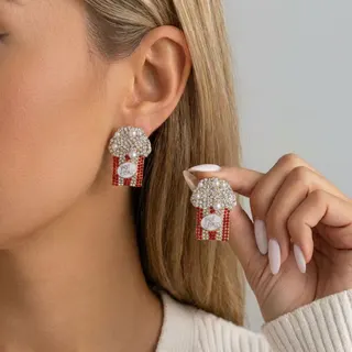 Christmas Popcorn Earrings for Women, Rhinestone & Pearl Red Bucket Drop Earrings, Festive Party Statement Jewelry Gift, Alloy 4.5cm