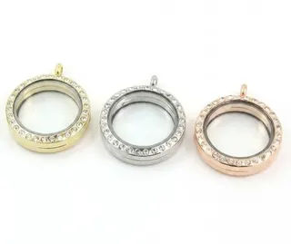 25mm Round Photo Frame Pendant with Rhinestones, Alloy + Crystal, White Gold / Gold / Rose Gold, Customizable Photo Necklace Charm