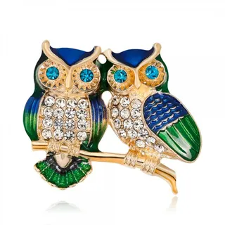 Vintage Owl Brooch for Women - Double Owl Enamel & Rhinestone Pin, Gold-Plated Alloy, Wisdom Gift Brooch for Blazer Coat Scarf, 2.8x3.3cm