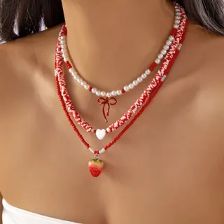 Strawberry Heart Bowknot Pearl Clay Bead Necklace 3-Piece Set, Red White Woven Layered Necklaces, Cute Sweet Girl Style, Resin Clay Alloy Pearl Rice Beads, Summer Ins Jewelry