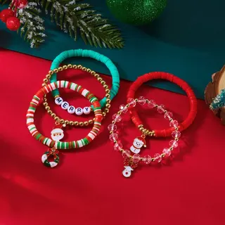 Christmas Bracelet Set of 5 - Beaded & Woven Bracelets with MERRY Letters, Santa & Snowman Charms, Alloy Accents, 18cm, Holiday Gift for Women