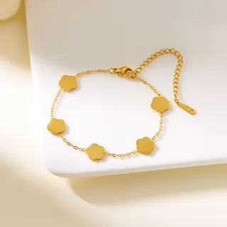 Stainless Steel Five-Petal Flower Bracelet for Women, 18K Gold Plated Mirror Polish, Adjustable Extender Chain, Hypoallergenic Tarnish-Free Delicate Charm Bracelet 16+5cm