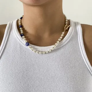 Evil Eye Pearl Choker Necklace, Blue Demon Eye Beaded Collar with Gold-Plated Alloy Toggle Clasp, 40cm Boho Vintage Short Necklace for Women