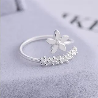 Adjustable Flower Ring for Women, Silver Plated Copper Open Band with Rhinestone Cluster, French Vintage Delicate Ring, Resizable Gift Jewelry