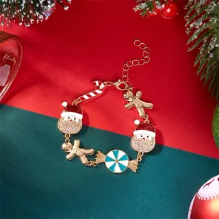 Christmas Bracelet for Women Gingerbread Man Snowman Candy Cane Charm Alloy 18K Gold Plated Rhinestone Holiday Gift Jewelry 17+5cm