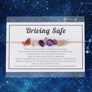 Driving Safe Natural Stone Beaded Bracelet - Tiger Eye, Amethyst, Rose Quartz & Carnelian on Adjustable Wax Cord, Spiritual Healing Multi-Stone Bracelet with Meaning Card, Gift Ready