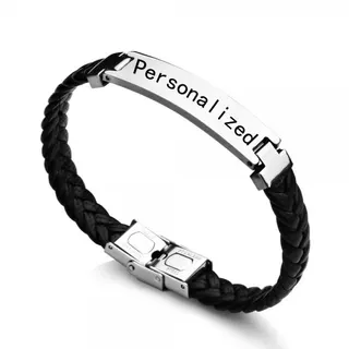 Personalized Leather Braided Bracelet with Engraved Stainless Steel Bar, Unisex Minimalist Custom Name Bracelet, Hypoallergenic, 21cm