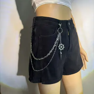Punk Ship Wheel Pendant Waist Chain Belt - 80cm Alloy Silver Long Chain with Rudder & Spike Charm, Streetwear Denim Shorts Accessory for Women