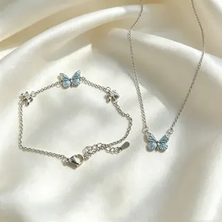 Glow-in-the-Dark Butterfly Necklace & Bracelet Set, Silver Plated Copper, Delicate Butterfly Pendant Jewelry Gift for Women