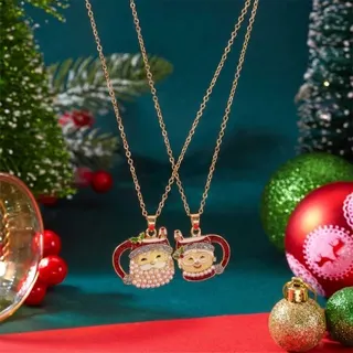 Vintage Christmas Teacup Old Couple Pendant Necklace for Holiday Party