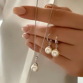 Pearl Necklace and Earrings Set, Gold Plated Alloy with Round Pearl Drop, Elegant Minimalist Jewelry Gift for Women