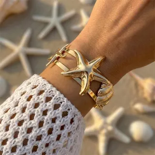 Gold Starfish Shell Bracelet - Summer Beach Vacation Open Cuff Bangle, 18K Gold Plated Iron, Ocean Boho Jewelry for Women
