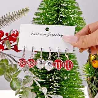 Christmas Acrylic Ball Drop Earrings 3 Pairs Set - Red Green Gold Snowflake & Tree Print, Hypoallergenic Copper Hooks, Festive Holiday Party Jewelry
