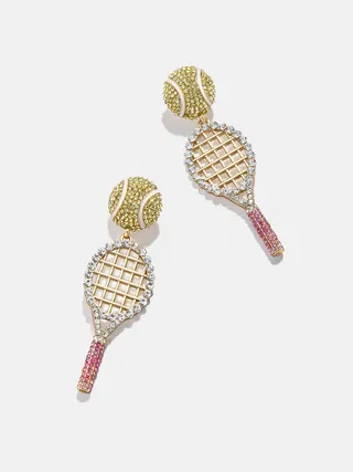Tennis Racket Dangle Earrings, Alloy 18K Gold Plated with Rhinestones, Yellow Tennis Ball + Pink Handle, Sporty Luxury Jewelry, 1 Pair