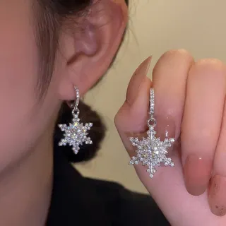 Christmas Snowflake Earrings, Rhinestone Crystal Dangle Lever Back Earrings, Silver Alloy Holiday Party Jewelry Gift for Women