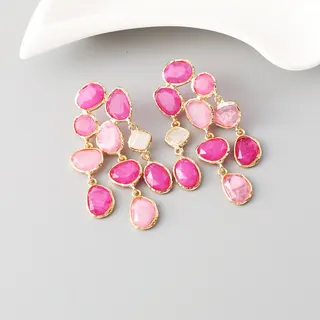 Pink Tassel Drop Earrings for Women, 18K Gold Plated Alloy Irregular Candy Color Stone Dangle Earrings, Boho Vacation Statement Jewelry
