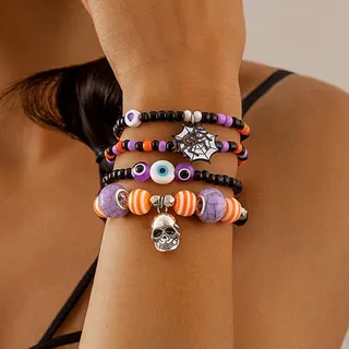 Halloween Bracelet Set Ghost Bat Pumpkin Beaded Stack Bracelets Alloy Enamel Charm Orange Black Festival Jewelry